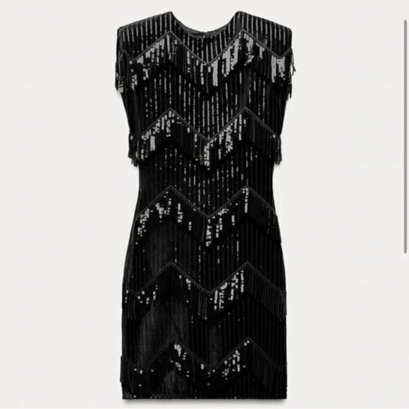 Zara Velvet Sequin Fringe Dress NWT Black Size Medium - Picture 3 of 9
